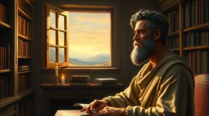 "Un retrato ultrarrealista de un filósofo de la Antigua Grecia, con vestiduras sencillas y tonos terrosos, recostado en un sillón de piedra tallada, rodeado de rollos de pergamino y herramientas de escritura sin usar. La luz del sol se filtra suavemente a través de una ventana arqueada, iluminando las motas de polvo en el aire. El filósofo adopta una postura relajada, con el codo apoyado en el brazo del asiento y su barbilla descansando en la palma de la mano, expresando una perezosa contemplación. La textura de su piel, la tela de su túnica y los detalles de la piedra se muestran con la mayor fidelidad, transmitiendo una escena de desgana intelectual y un instante de quietud atemporal."